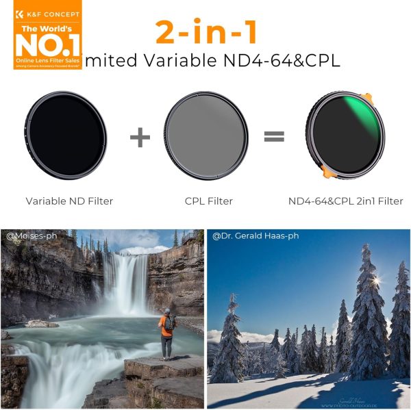 K&F Concept 67mm ND4-64 (2-6 Stops) ND Lens Filter Variable & CPL Polarizers Filter 2-in-1, 28 Multi-Coated Polarizing and Neutral Density Camera Lens Filter (Nano-X Series) - Image 2